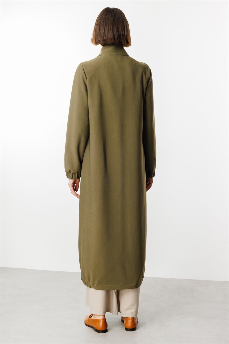 Gold Detail Draped Fabric Timeless Sport Trench Coat - Khaki
