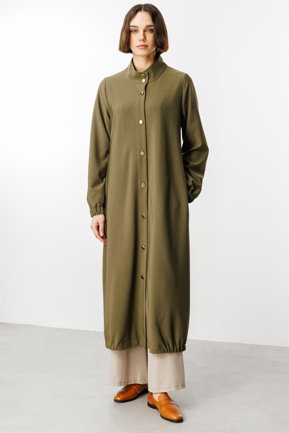 Gold Detail Draped Fabric Timeless Sport Trench Coat - Khaki