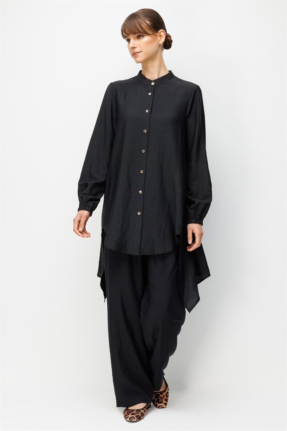 Goldy %85 LyoCELL Comfort Kalıp Zamansız Tunik-Pantolon Kombin Takım-Siyah