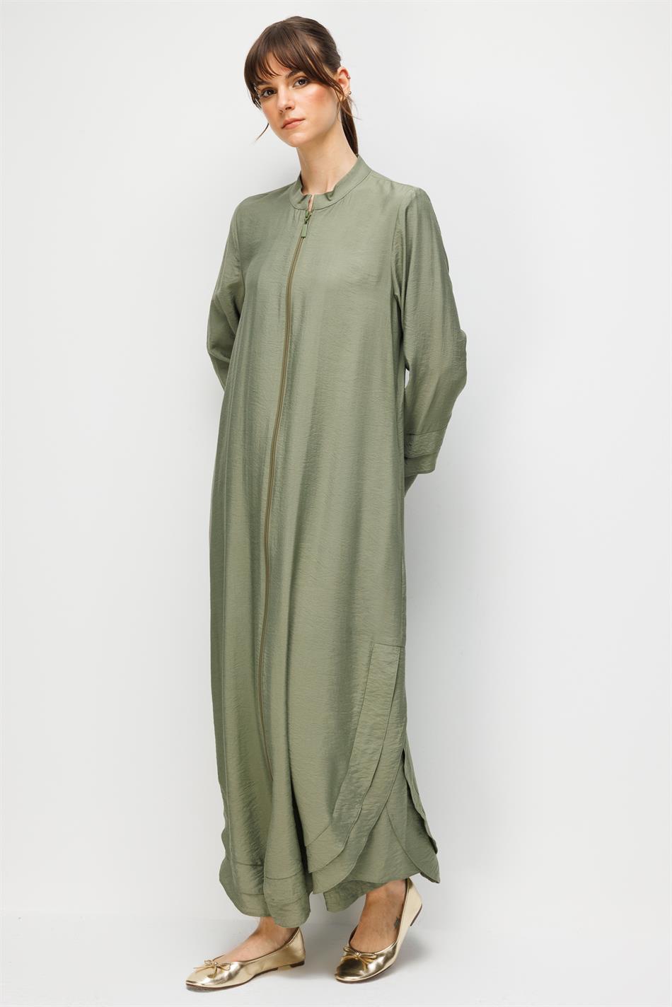 Goldy %85 LyoCELL Soft Kumaştan Aller Yırtmaç Detaylı Zamansız Kap Ferace-Haki