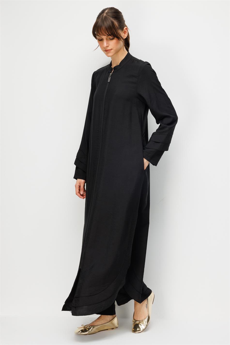 Goldy %85 LyoCELL Soft Kumaştan Aller Yırtmaç Detaylı Zamansız Kap Ferace-Siyah
