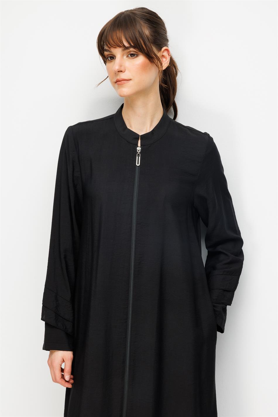 Goldy %85 LyoCELL Soft Kumaştan Aller Yırtmaç Detaylı Zamansız Kap Ferace-Siyah