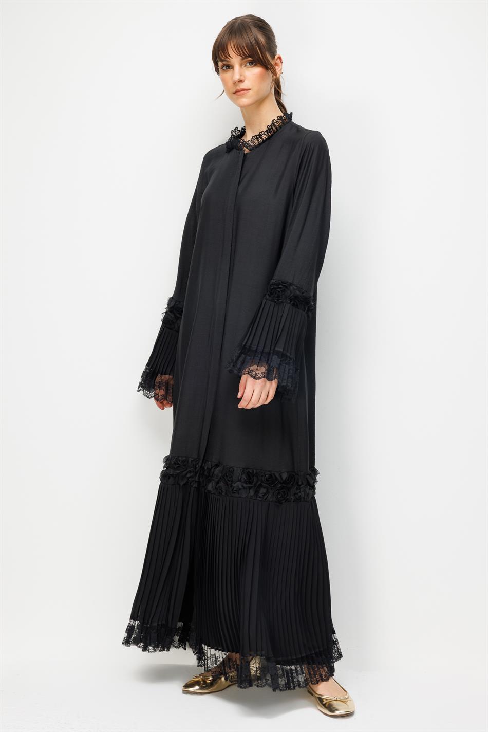 Goldy %85 LyoCELL Soft Kumaştan Ara Rozy Garni Pilise Dantel Şifon Kol ve Etek Turu Özel Ferace-Siyah