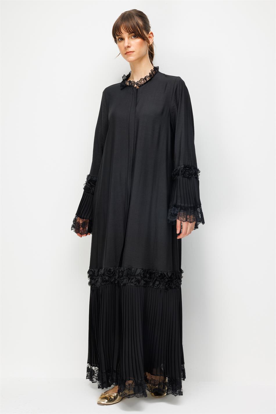 Goldy %85 LyoCELL Soft Kumaştan Ara Rozy Garni Pilise Dantel Şifon Kol ve Etek Turu Özel Ferace-Siyah