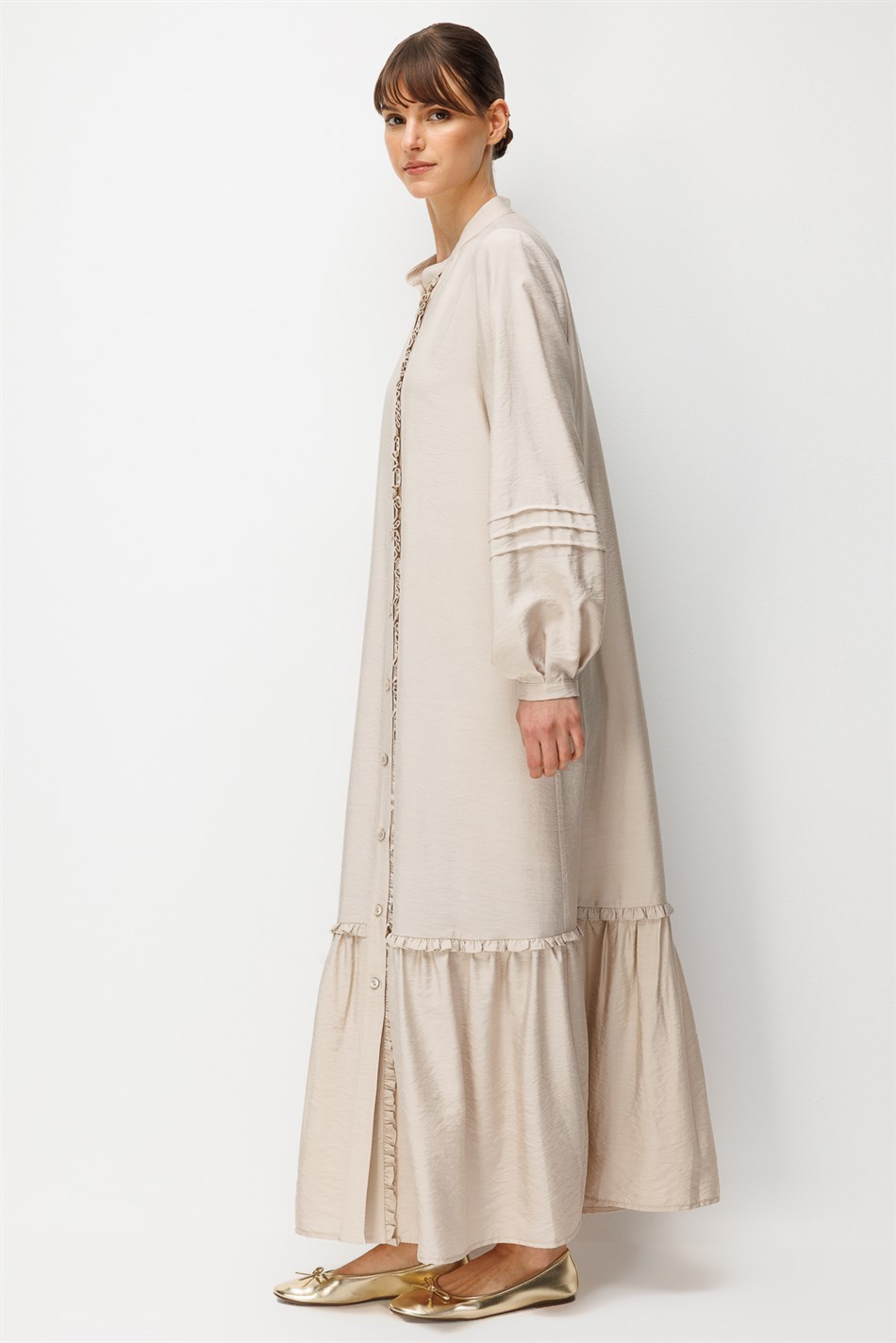 Goldy %85 LyoCELL Soft Kumaştan Büzgü Detaylı Zamansız Maxi Tunik Elbilse-Taş
