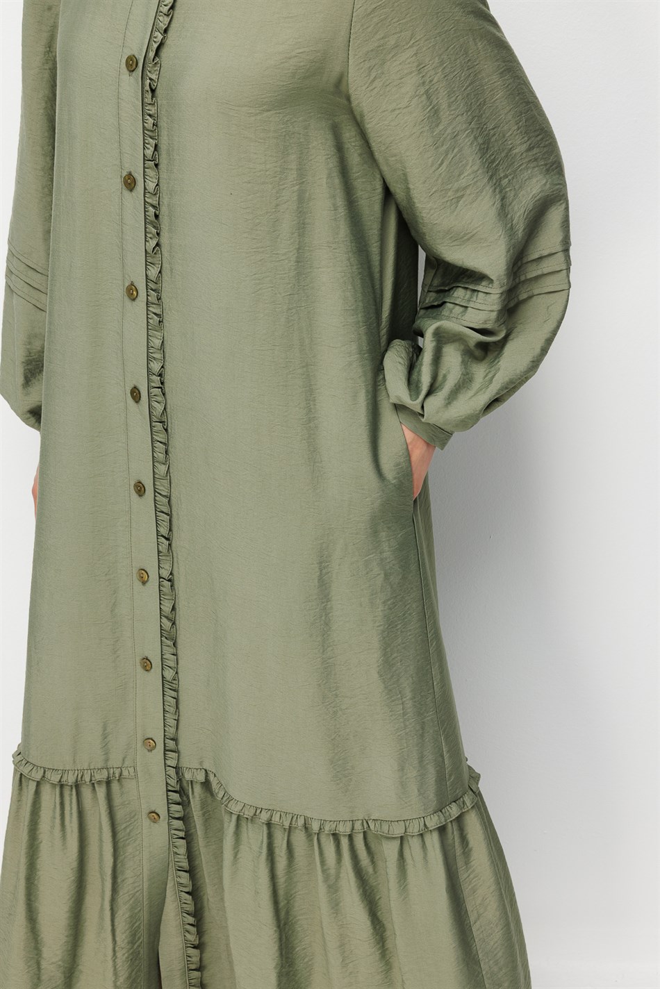Goldy %85 LyoCELL Soft Kumaştan Büzgü Detaylı Zamansız Maxi Tunik Elbilse-Haki