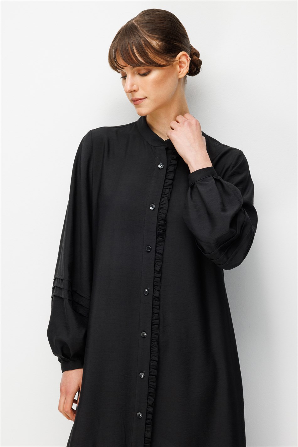 Goldy %85 LyoCELL Soft Kumaştan Büzgü Detaylı Zamansız Maxi Tunik Elbilse-Siyah