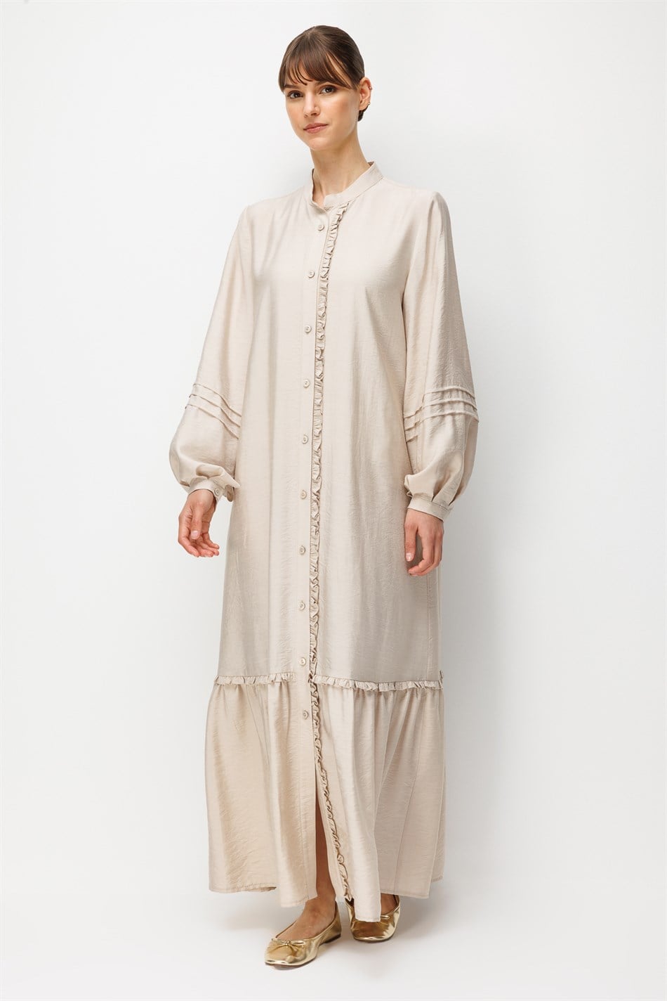 Goldy %85 LyoCELL Soft Kumaştan Büzgü Detaylı Zamansız Maxi Tunik Elbilse-Taş