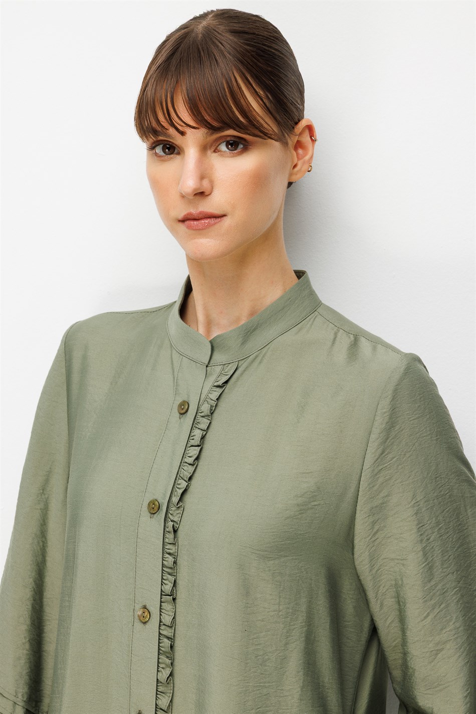 Goldy %85 LyoCELL Soft Kumaştan Büzgü Detaylı Zamansız Maxi Tunik Elbilse-Haki