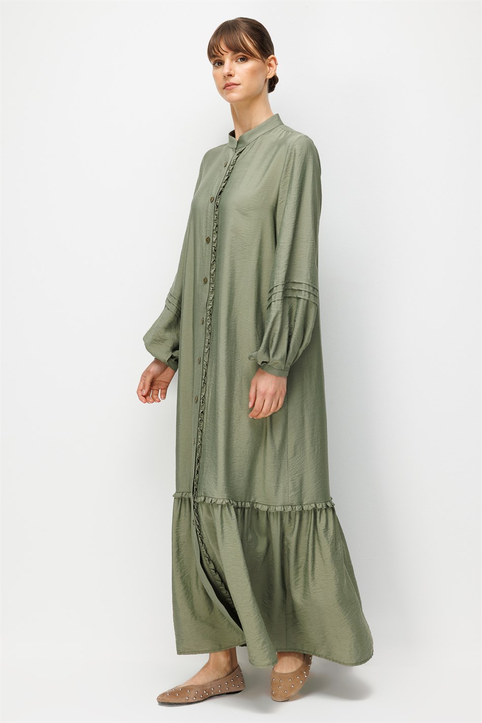 Goldy %85 LyoCELL Soft Kumaştan Büzgü Detaylı Zamansız Maxi Tunik Elbilse-Haki