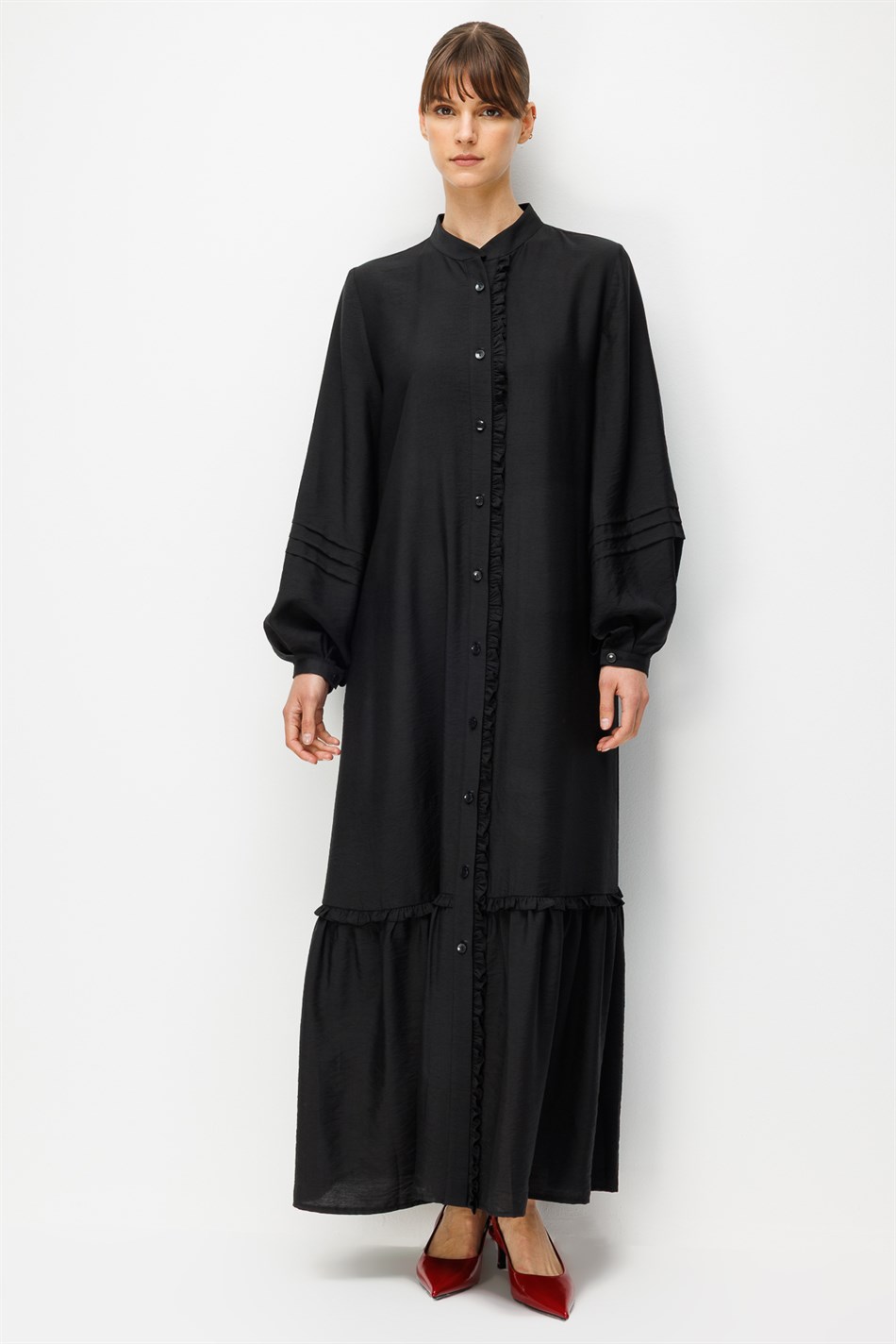 Goldy %85 LyoCELL Soft Kumaştan Büzgü Detaylı Zamansız Maxi Tunik Elbilse-Siyah