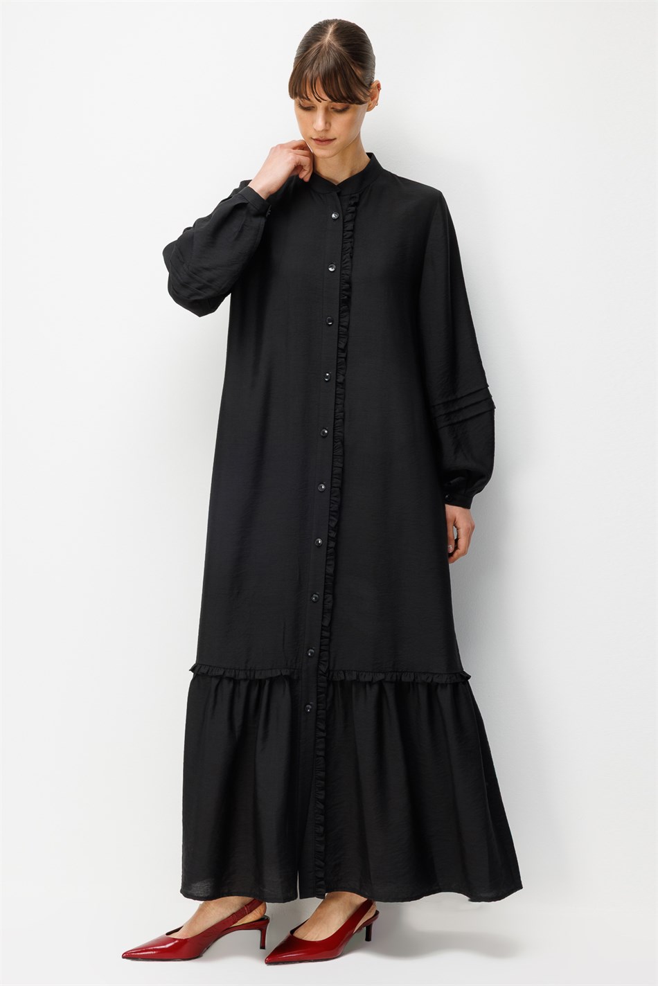 Goldy %85 LyoCELL Soft Kumaştan Büzgü Detaylı Zamansız Maxi Tunik Elbilse-Siyah