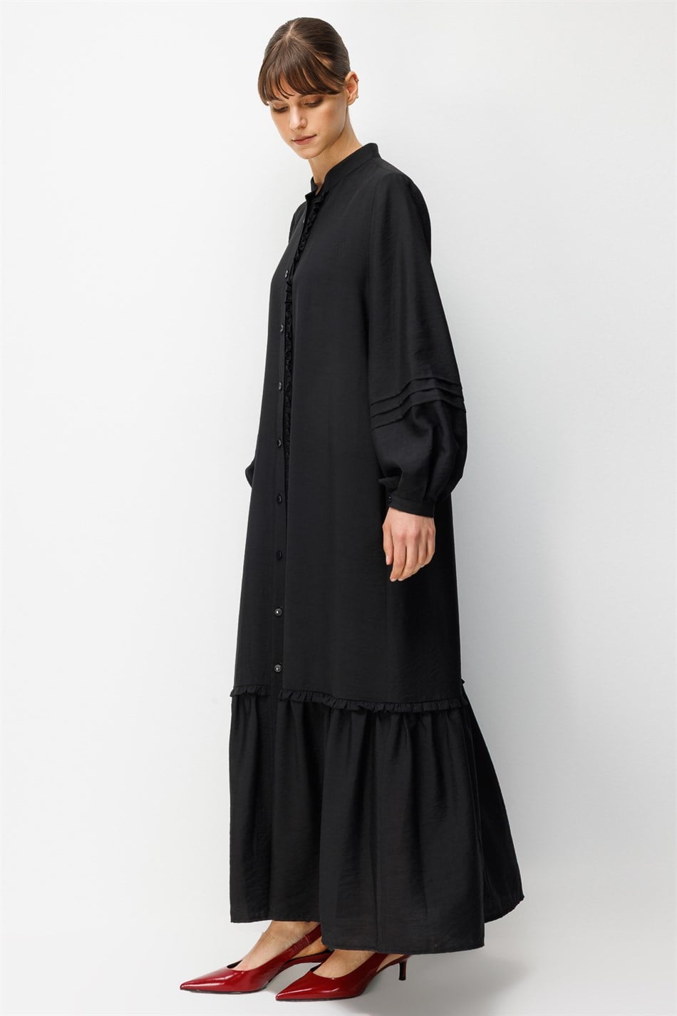 Goldy %85 LyoCELL Soft Kumaştan Büzgü Detaylı Zamansız Maxi Tunik Elbilse-Siyah