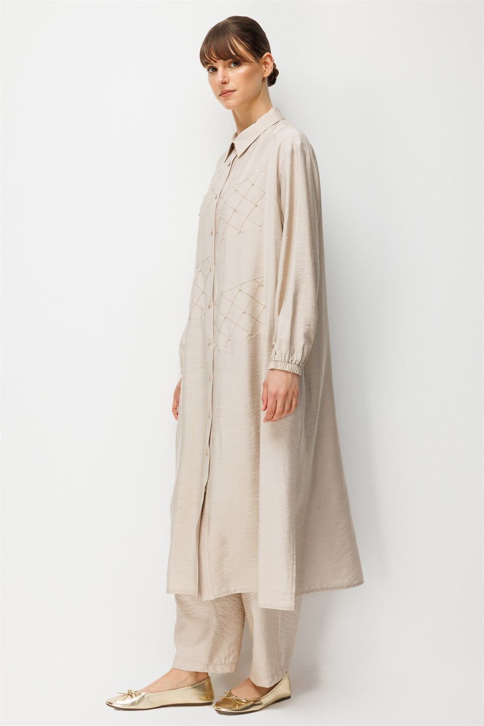 Goldy %85 LyoCELL Soft Kumaştan Elişi Nakış Detaylı Zamansız Pantalonlu Takım-Taş