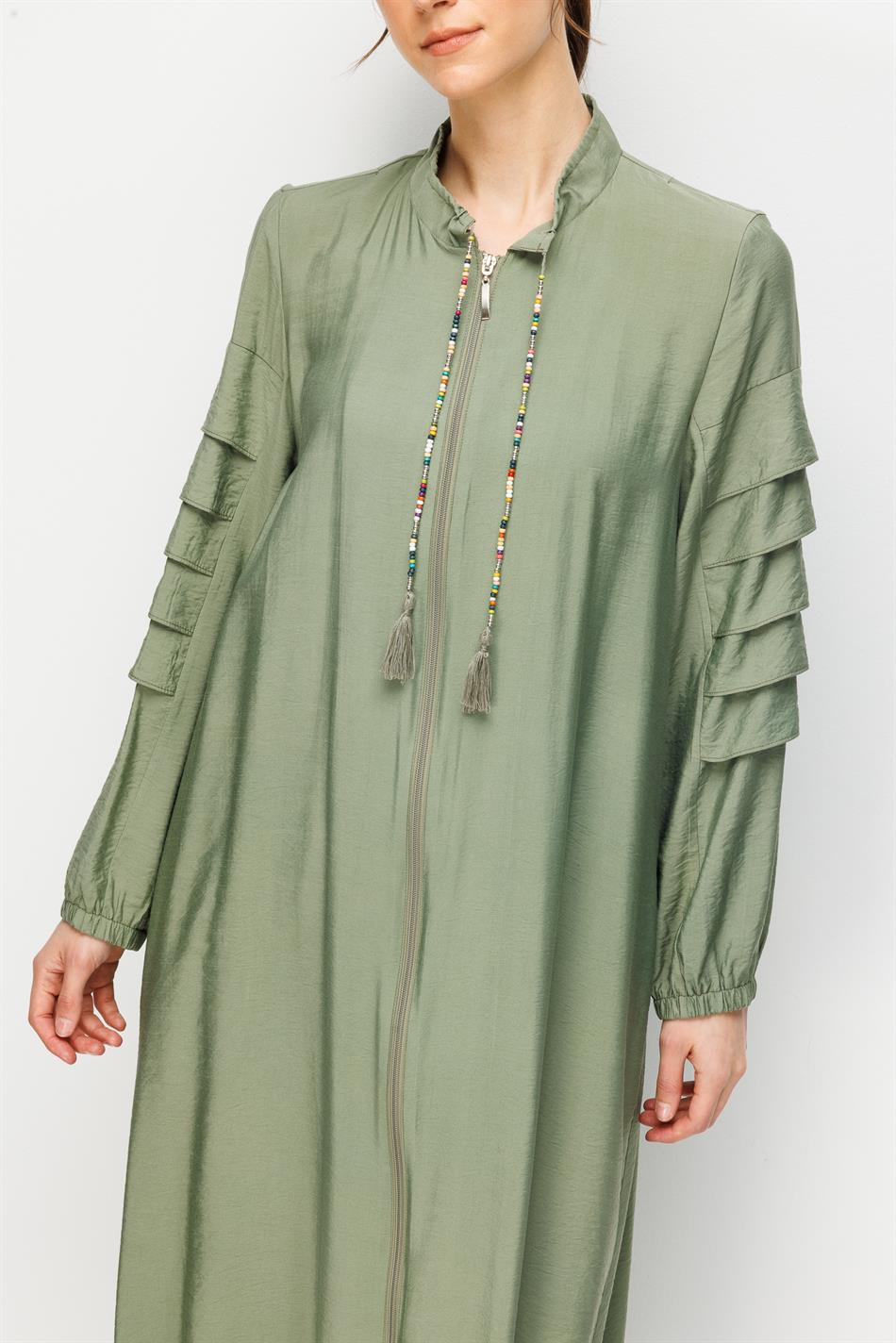 Goldy %85 LyoCELL Soft Kumaştan Kat Kat Aller Parçalarla Süslü Kol Elişi Kolye Detaylı Özel Ferace-Haki