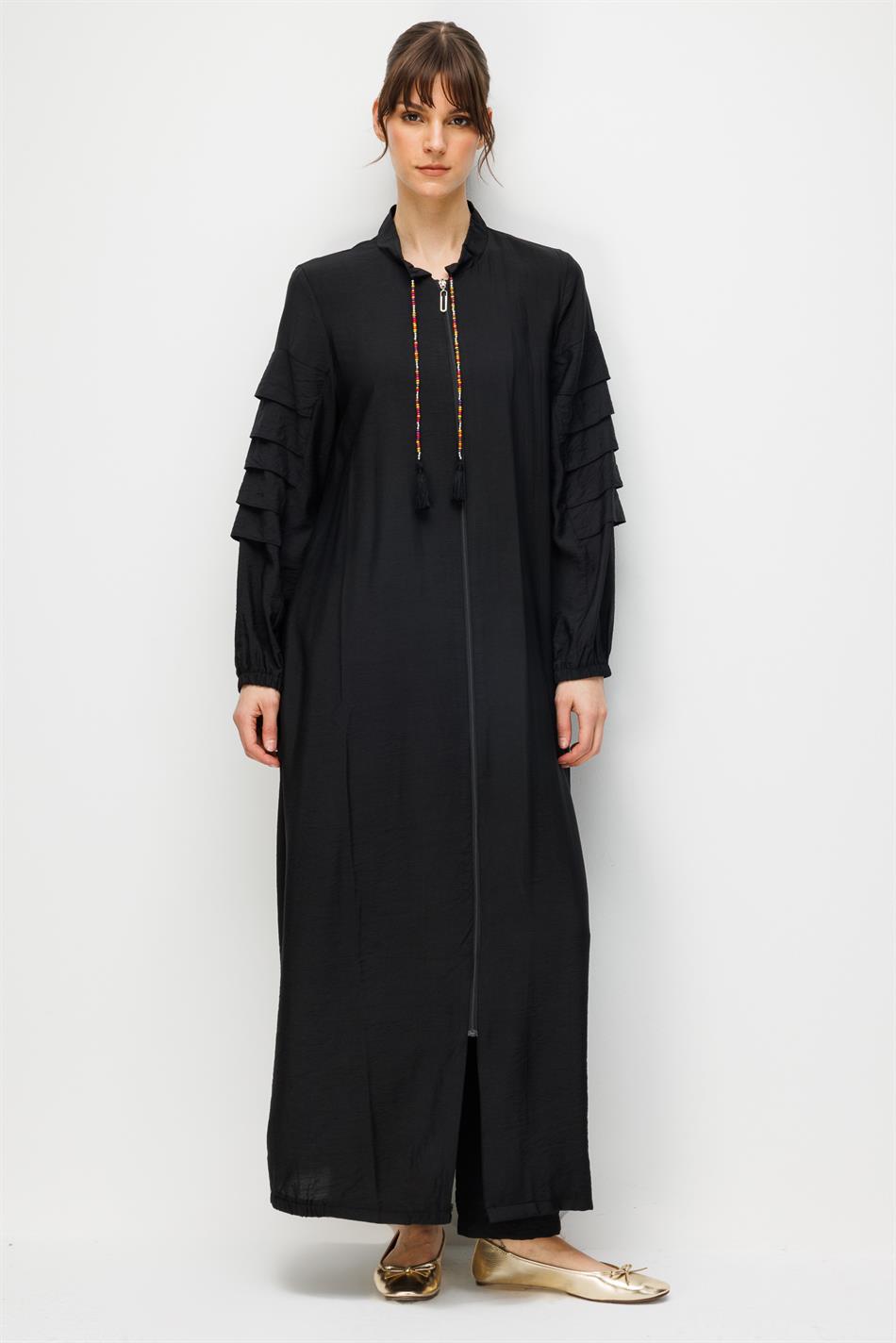 Goldy %85 LyoCELL Soft Kumaştan Kat Kat Aller Parçalarla Süslü Kol Elişi Kolye Detaylı Özel Ferace-Siyah