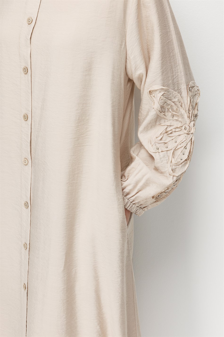 Goldy %85 LyoCELL Soft Kumaştan Kol El İşi İşleme Detaylı Zamansız Maxi Tunik Kap-Taş