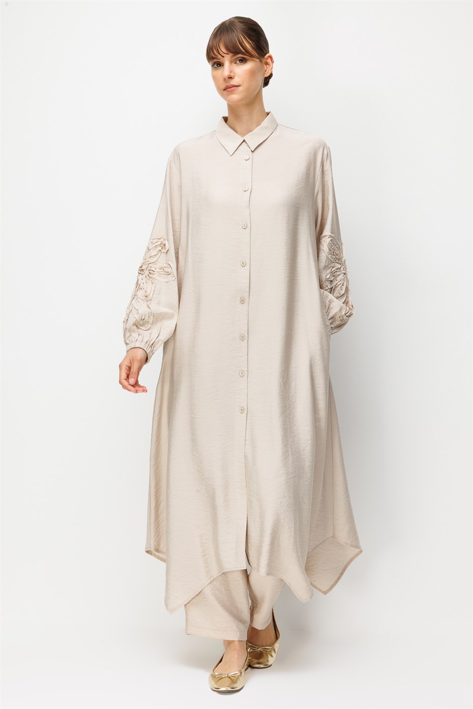 Goldy %85 LyoCELL Soft Kumaştan Kol El İşi İşleme Detaylı Zamansız Maxi Tunik Kap-Taş
