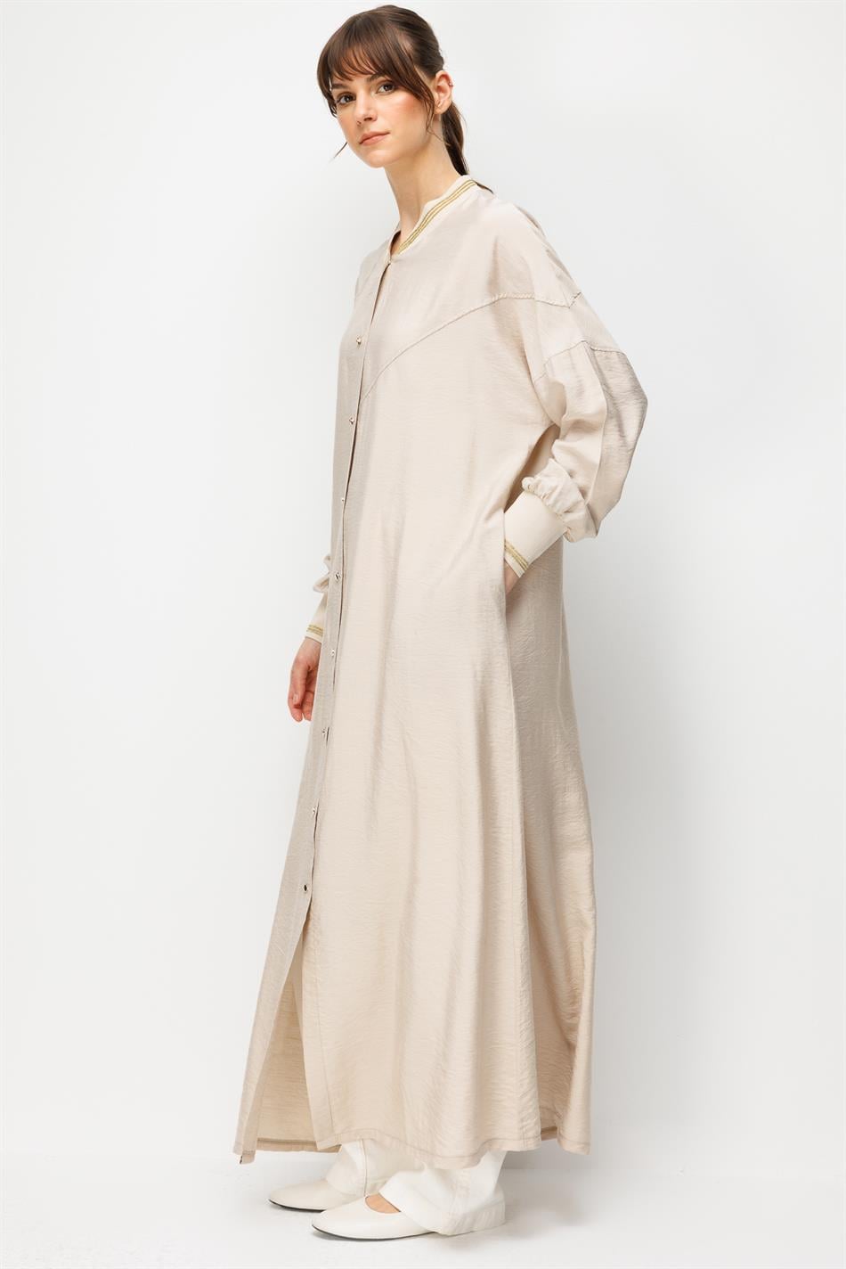 Goldy %85 LyoCELL Soft Kumaştan Ribana Kol ve Yaka Detaylı Spor Kap Ferace-Taş