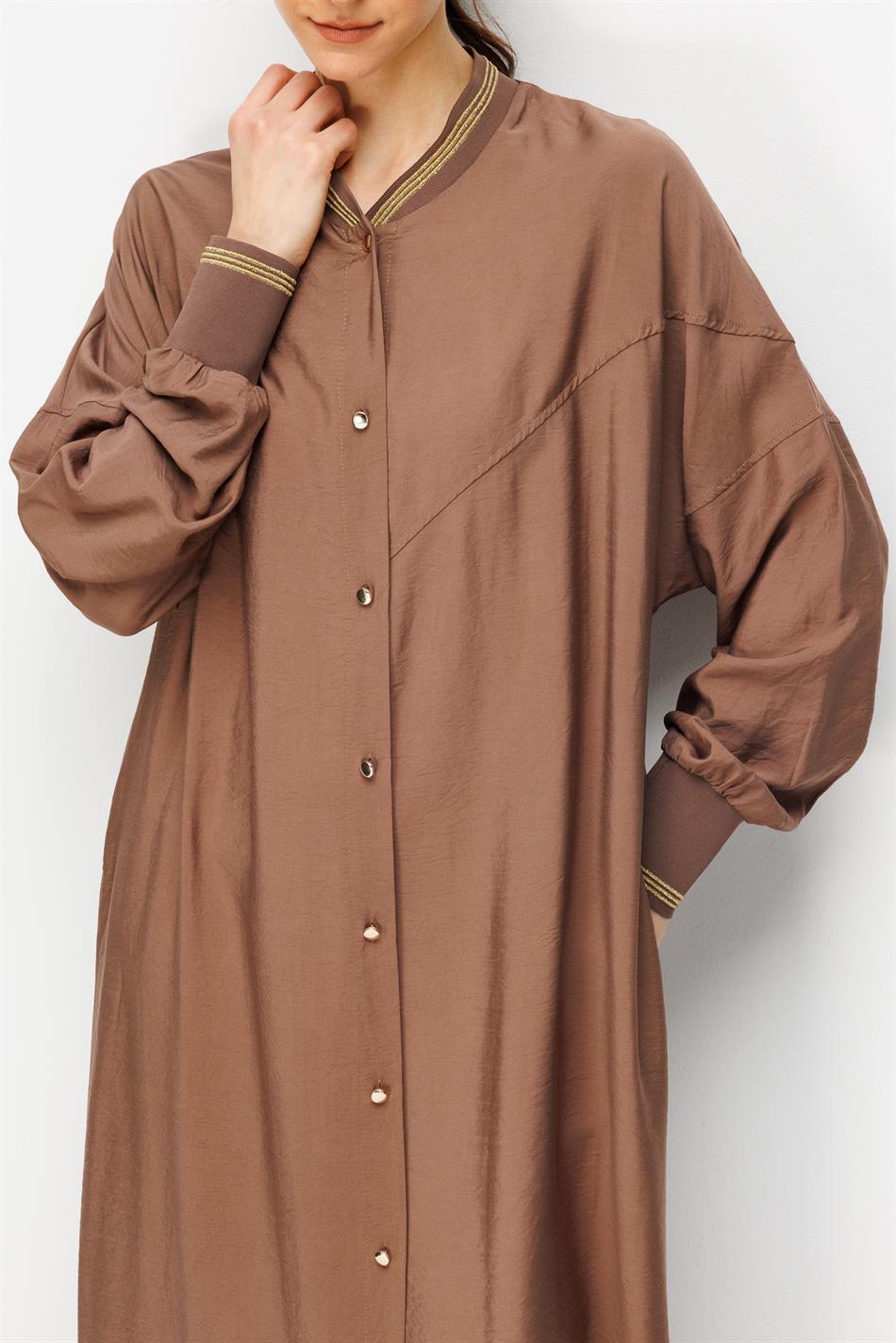 Goldy %85 LyoCELL Soft Kumaştan Ribana Kol ve Yaka Detaylı Spor Kap Ferace-Kahve