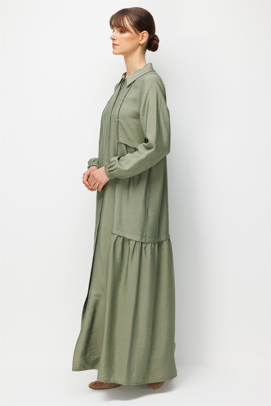 Goldy %85 LyoCELL Soft Kumaştan Yaka Zincir Aksesuarlı Zamansız Maxi Tunik-Elbise-Haki