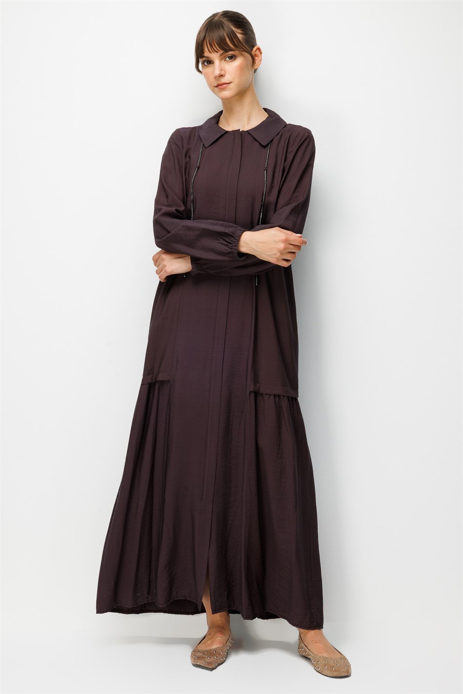 Goldy %85 LyoCELL Soft Kumaştan Yaka Zincir Aksesuarlı Zamansız Maxi Tunik-Elbise-Kahve