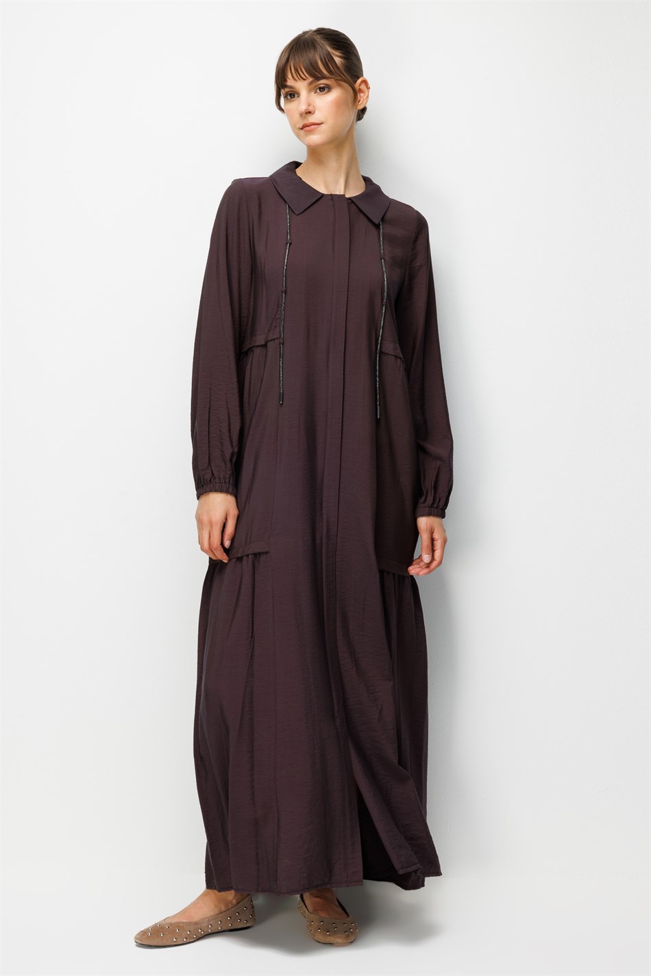 Goldy %85 LyoCELL Soft Kumaştan Yaka Zincir Aksesuarlı Zamansız Maxi Tunik-Elbise-Kahve