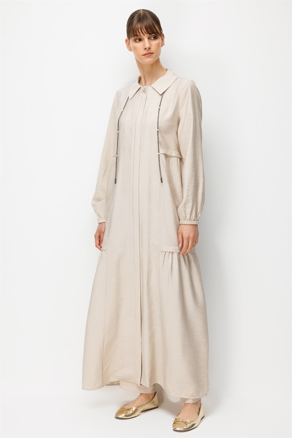 Goldy %85 LyoCELL Soft Kumaştan Yaka Zincir Aksesuarlı Zamansız Maxi Tunik-Elbise-Taş