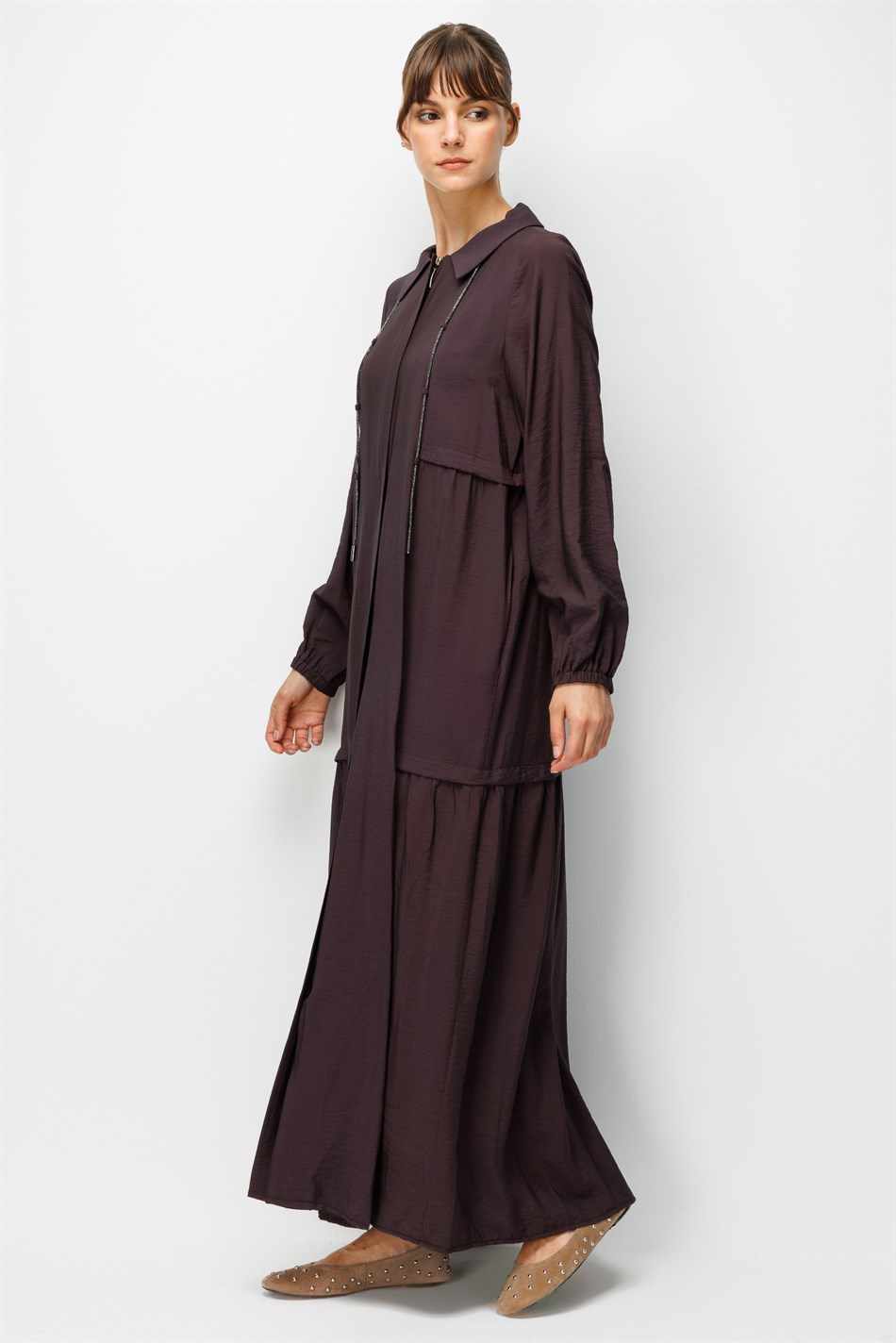 Goldy %85 LyoCELL Soft Kumaştan Yaka Zincir Aksesuarlı Zamansız Maxi Tunik-Elbise-Kahve