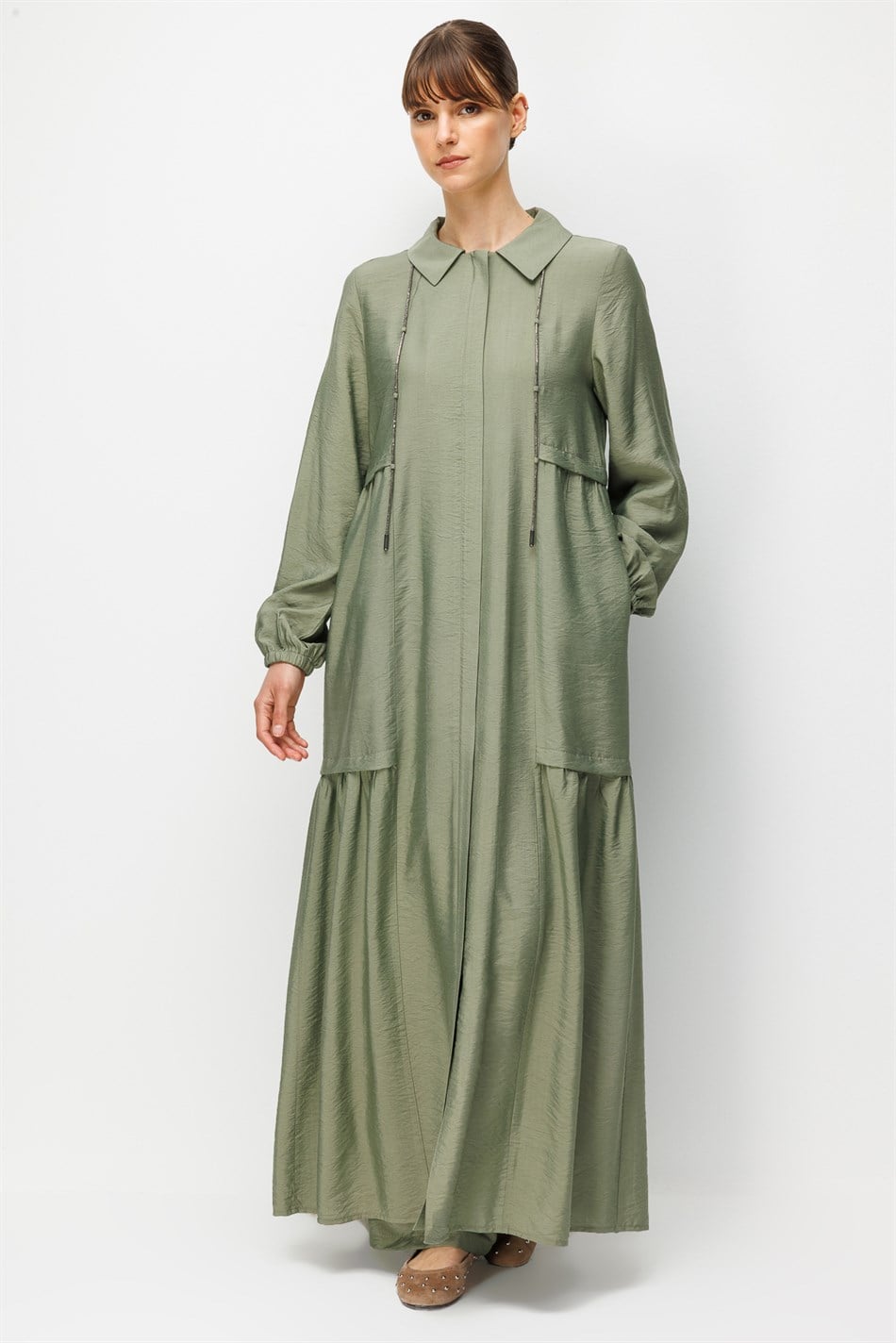 Goldy %85 LyoCELL Soft Kumaştan Yaka Zincir Aksesuarlı Zamansız Maxi Tunik-Elbise-Haki