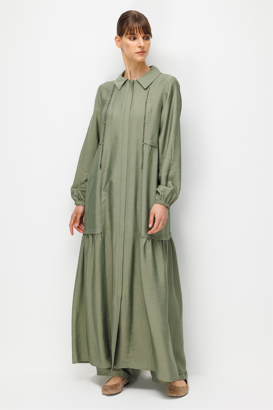 Goldy %85 LyoCELL Soft Kumaştan Yaka Zincir Aksesuarlı Zamansız Maxi Tunik-Elbise-Haki