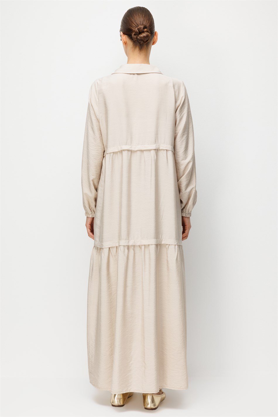 Goldy %85 LyoCELL Soft Kumaştan Yaka Zincir Aksesuarlı Zamansız Maxi Tunik-Elbise-Taş