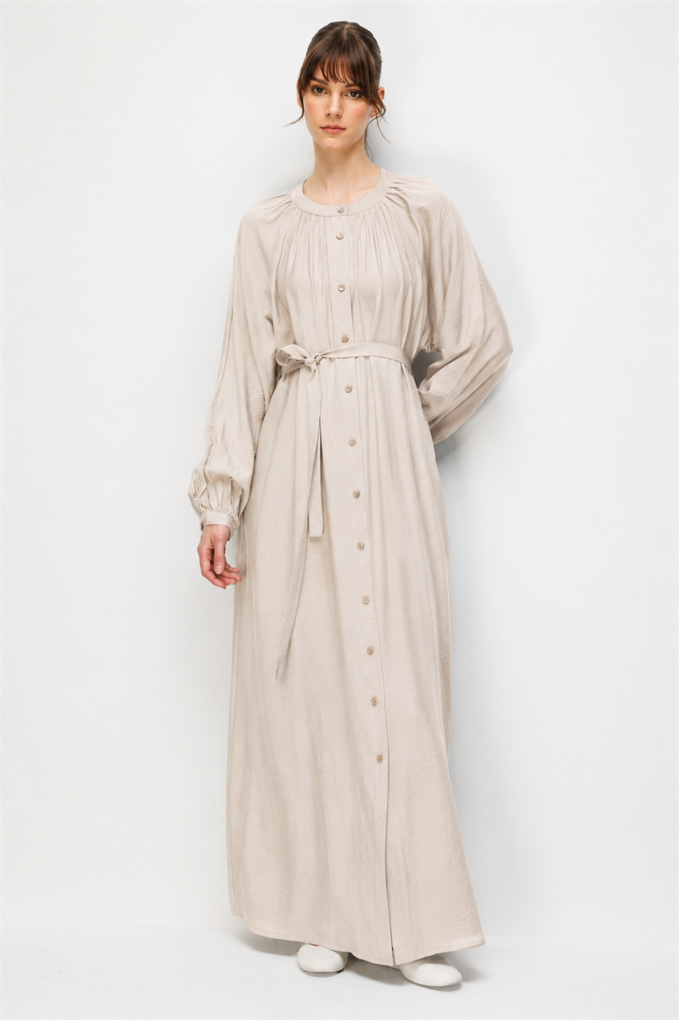 Goldy 85% LyoCELL Soft Fabric Timeless Cape Abaya with Hand-Gathered Collar and Cuff Details - Stone