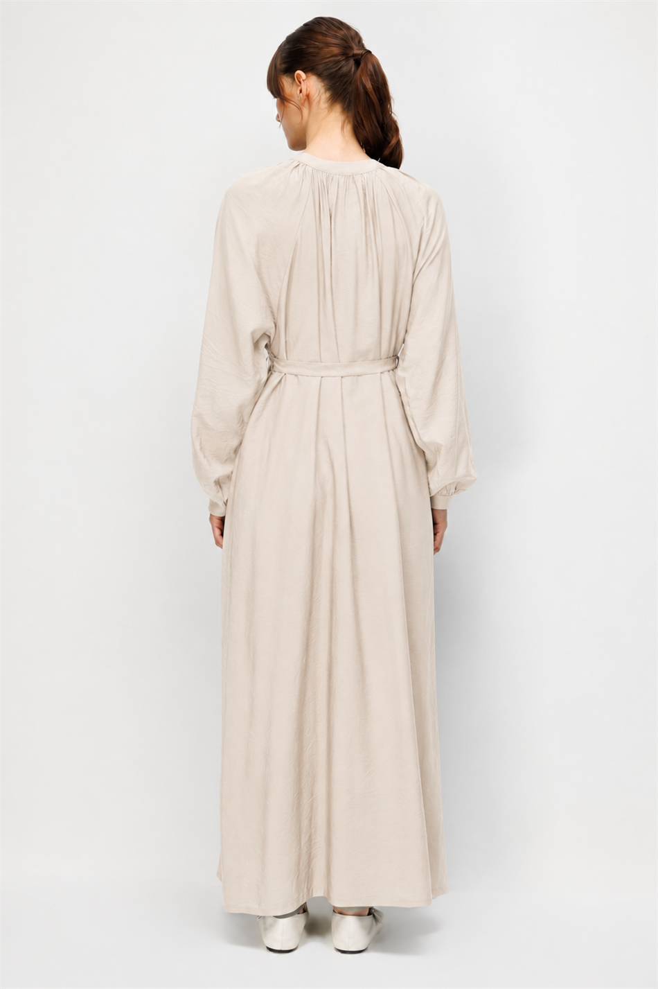 Goldy 85% LyoCELL Soft Fabric Timeless Cape Abaya with Hand-Gathered Collar and Cuff Details - Stone