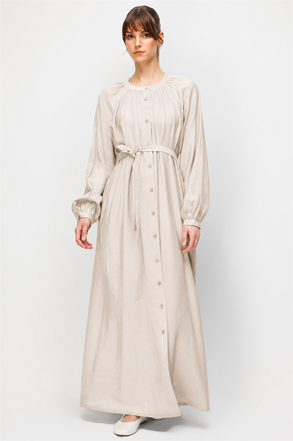 Goldy 85% LyoCELL Soft Fabric Timeless Cape Abaya with Hand-Gathered Collar and Cuff Details - Stone