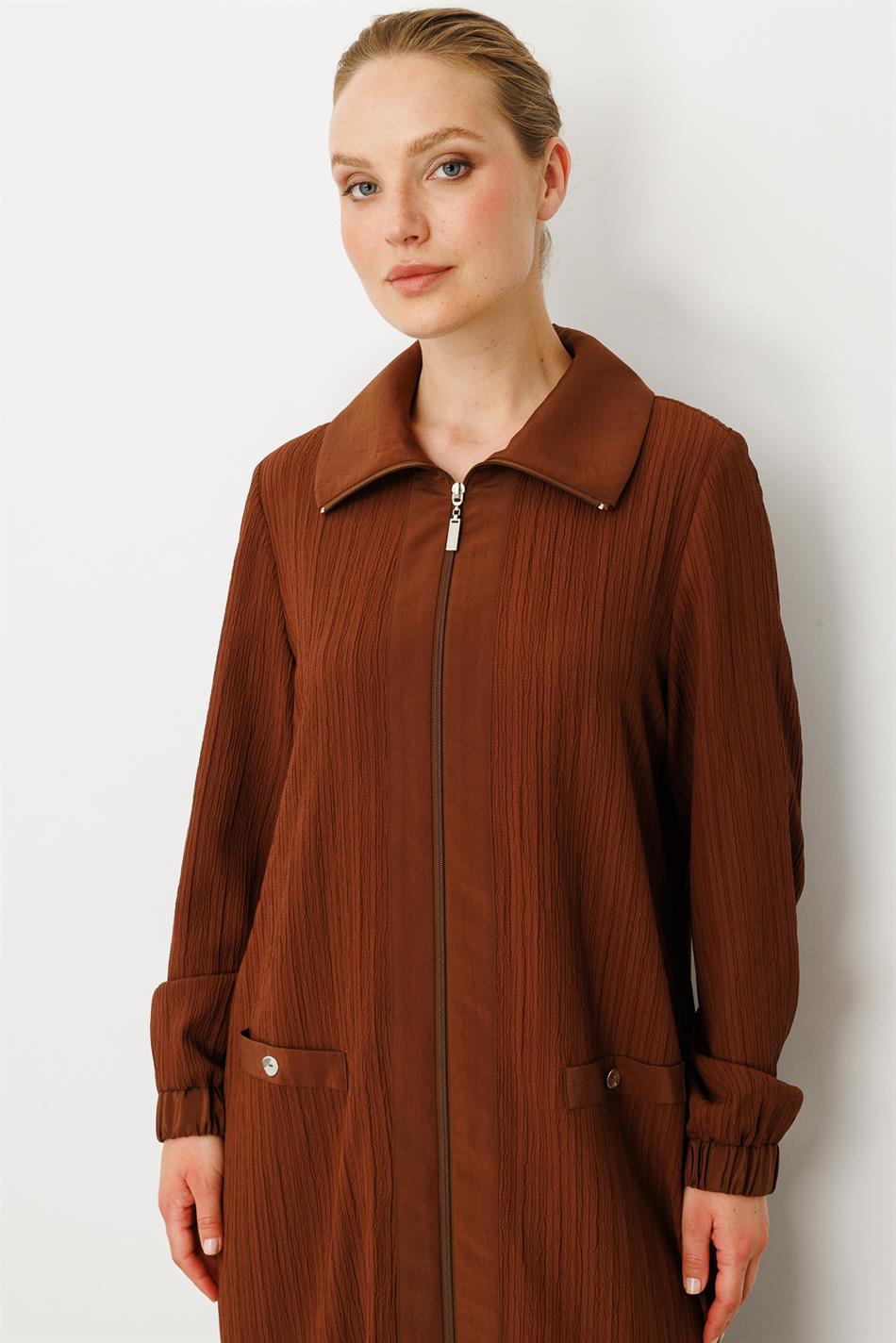 Has Garni Detailed Special Woven Coat / Abaya-Brown
