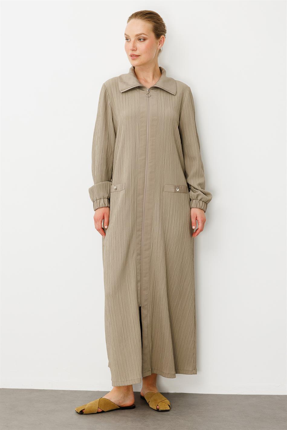 Has Garni Gedetailleerde Speciaal Geweven Jas / Abaya - Nerts