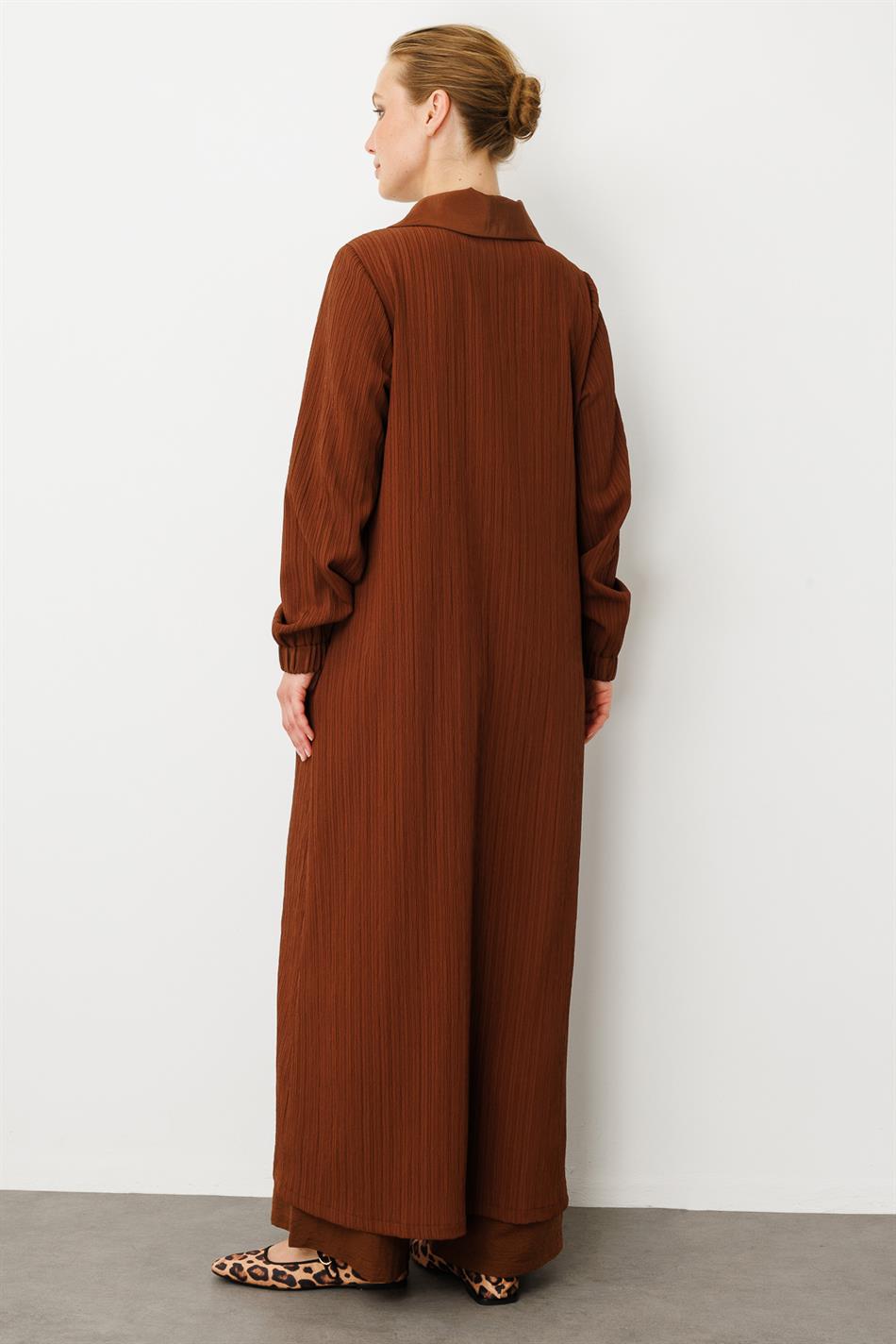Has Garni Detailed Special Woven Coat / Abaya-Brown
