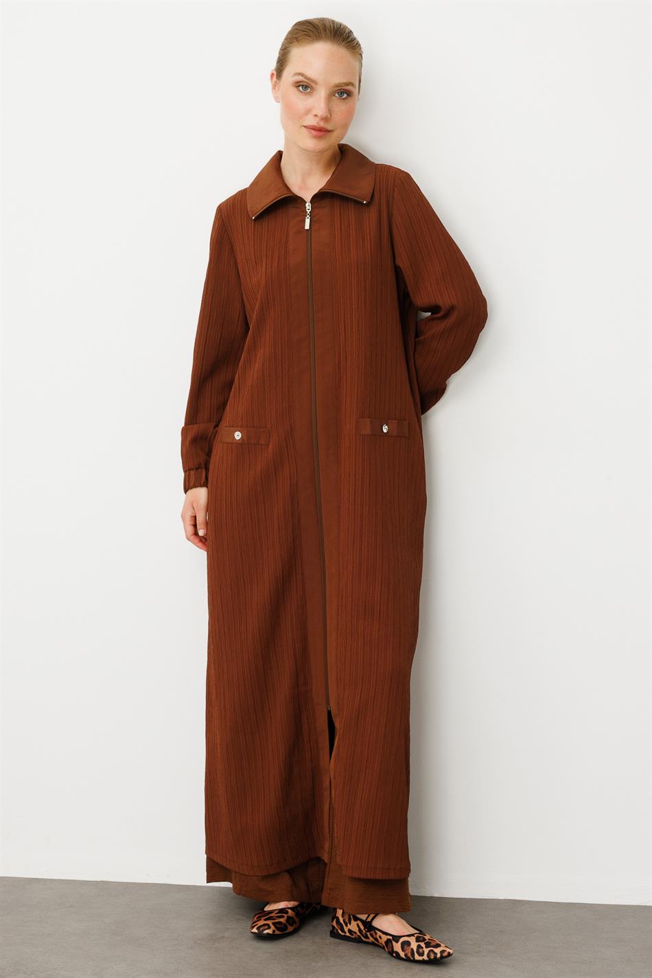 Has Garni Detailed Special Woven Coat / Abaya-Brown