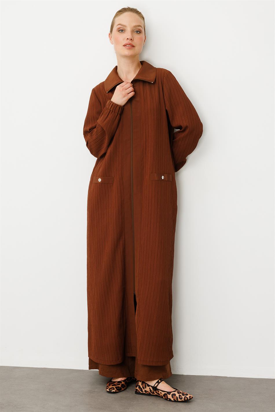 Has Garni Detailed Special Woven Coat / Abaya-Brown