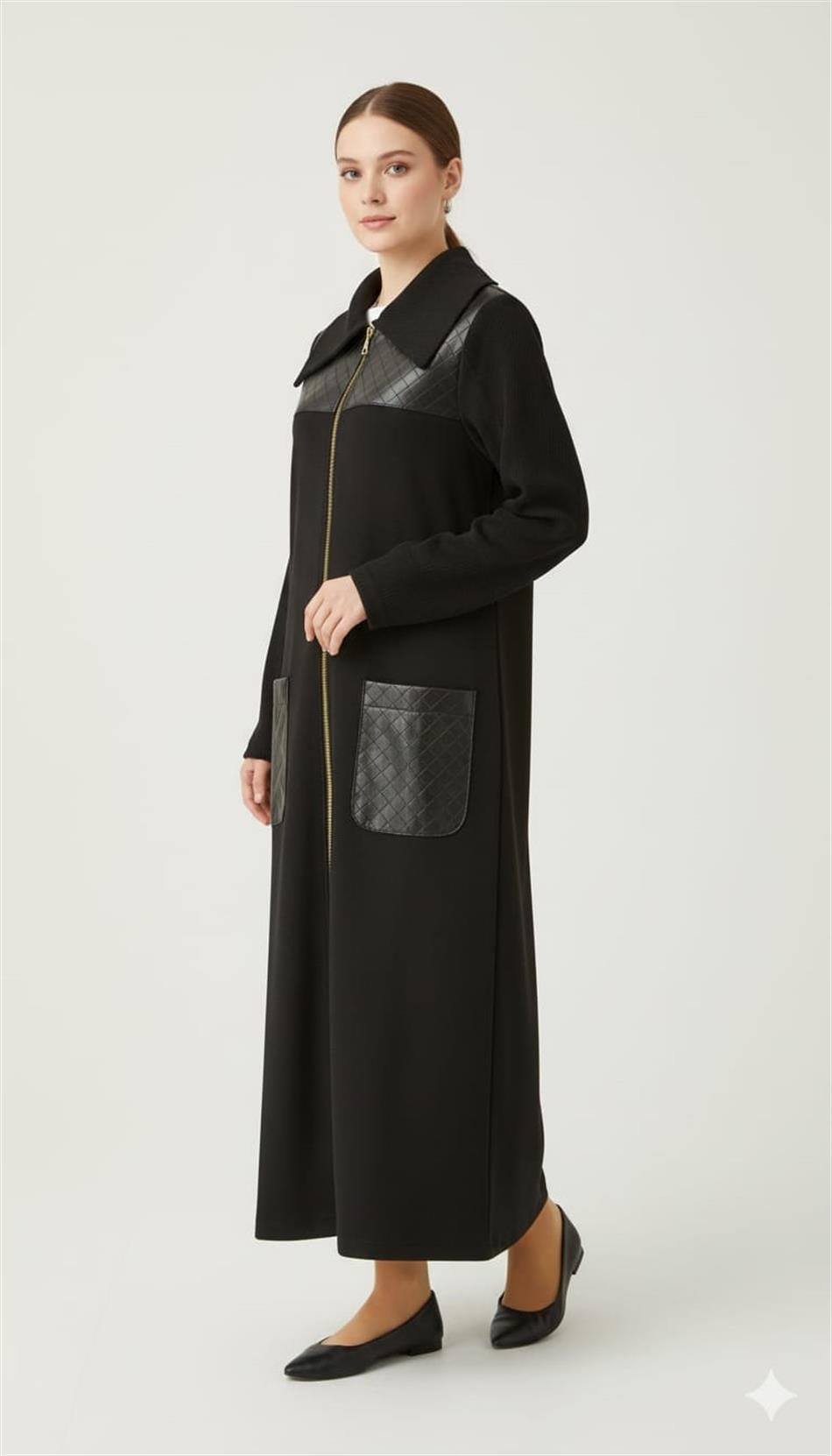 Hasır Suni Deri Detaylı Krep Doku Mevsimlik Ferace Kap-Siyah