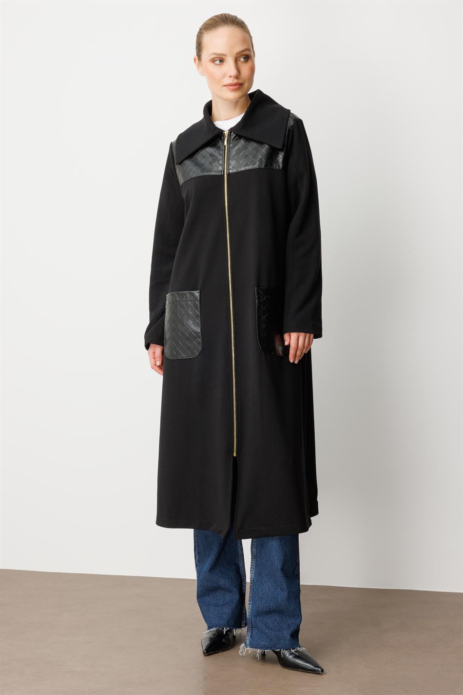 Woven Faux Leather Detailed Crepe Texture Seasonal Abaya Coat - Black