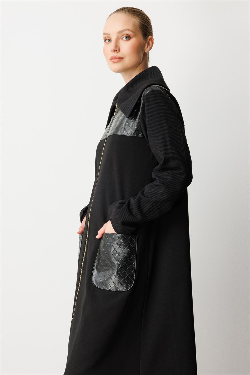 Woven Faux Leather Detailed Crepe Texture Seasonal Abaya Coat - Black