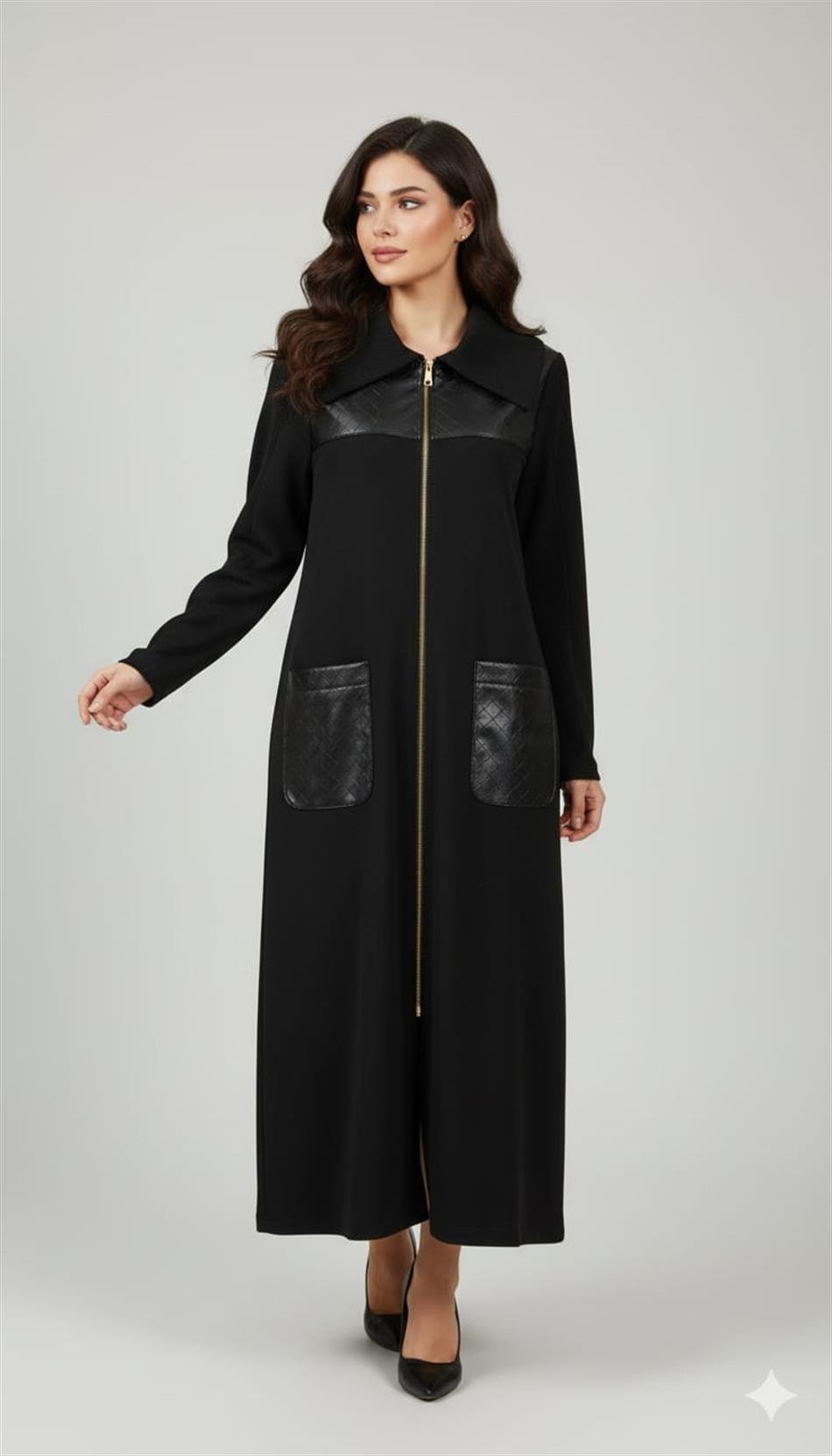 Hasır Suni Deri Detaylı Krep Doku Mevsimlik Ferace Kap-Siyah