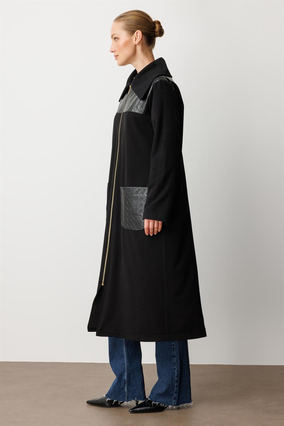 Woven Faux Leather Detailed Crepe Texture Seasonal Abaya Coat - Black
