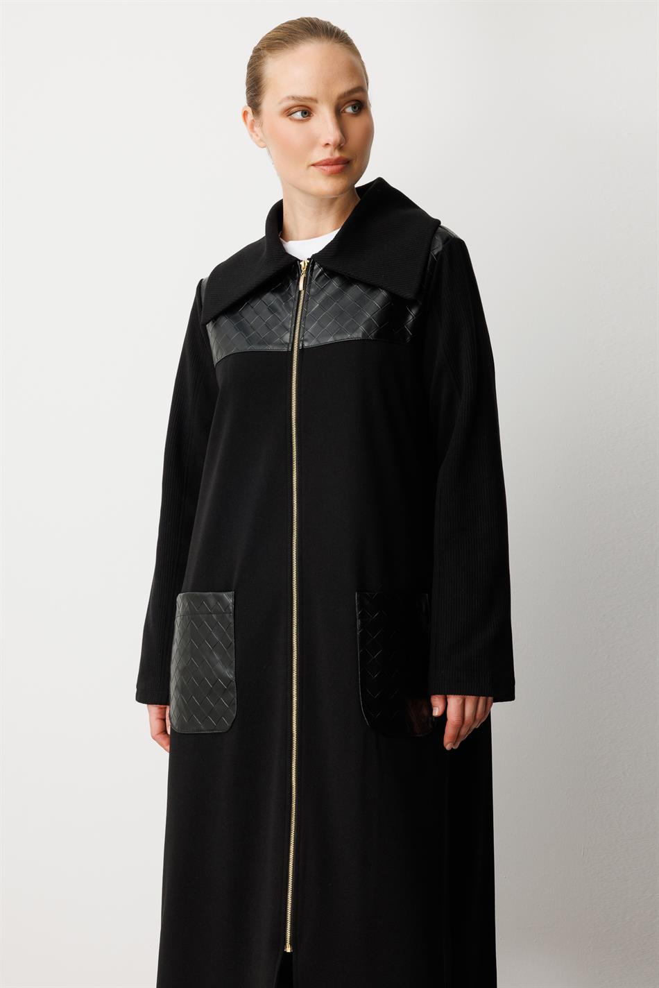Woven Faux Leather Detailed Crepe Texture Seasonal Abaya Coat - Black