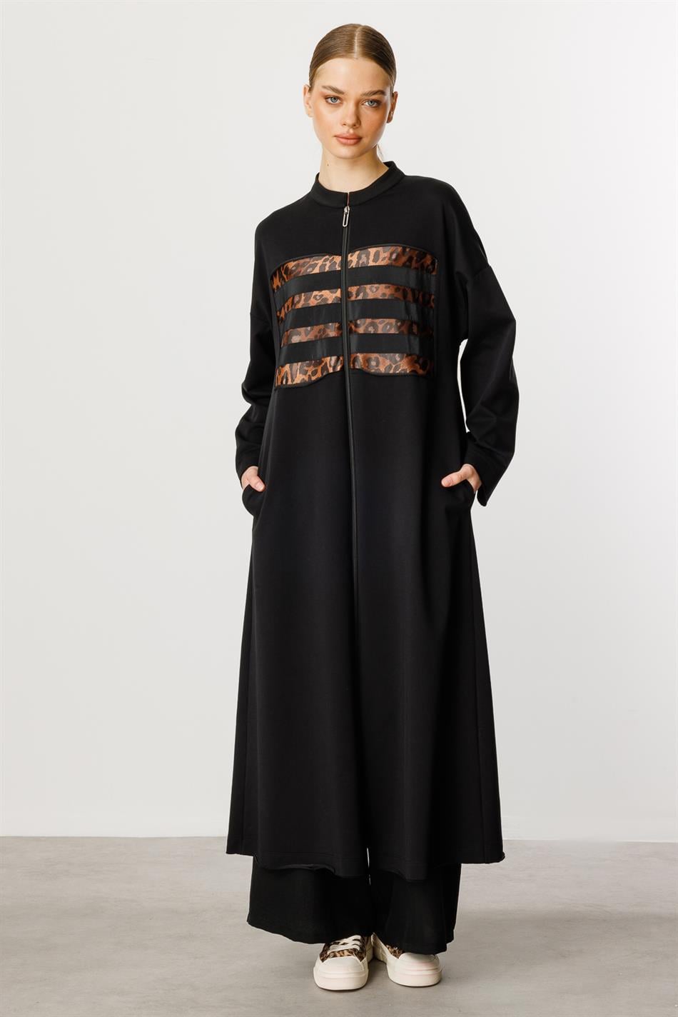 HcRleo Garni Sportjacke/Abaya aus Feinstrick-Baumwollmischung - Schwarz