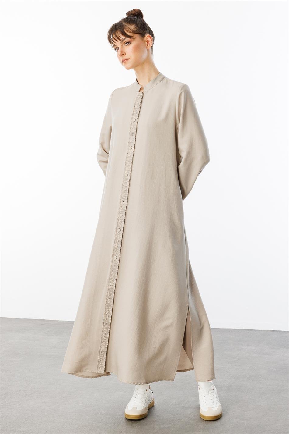 HM Büzgü Detay Ön Pat ve Sırt Alleri İpekçe Doku Spor Zamansız Kap/ Ferace-Taş