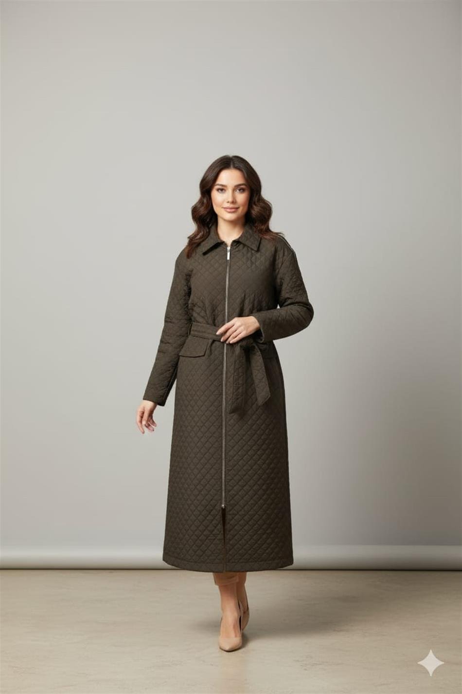 HZR Fermuar Detaylı Jakar Kapitone Spor Trench Kap PLUS-Kahve