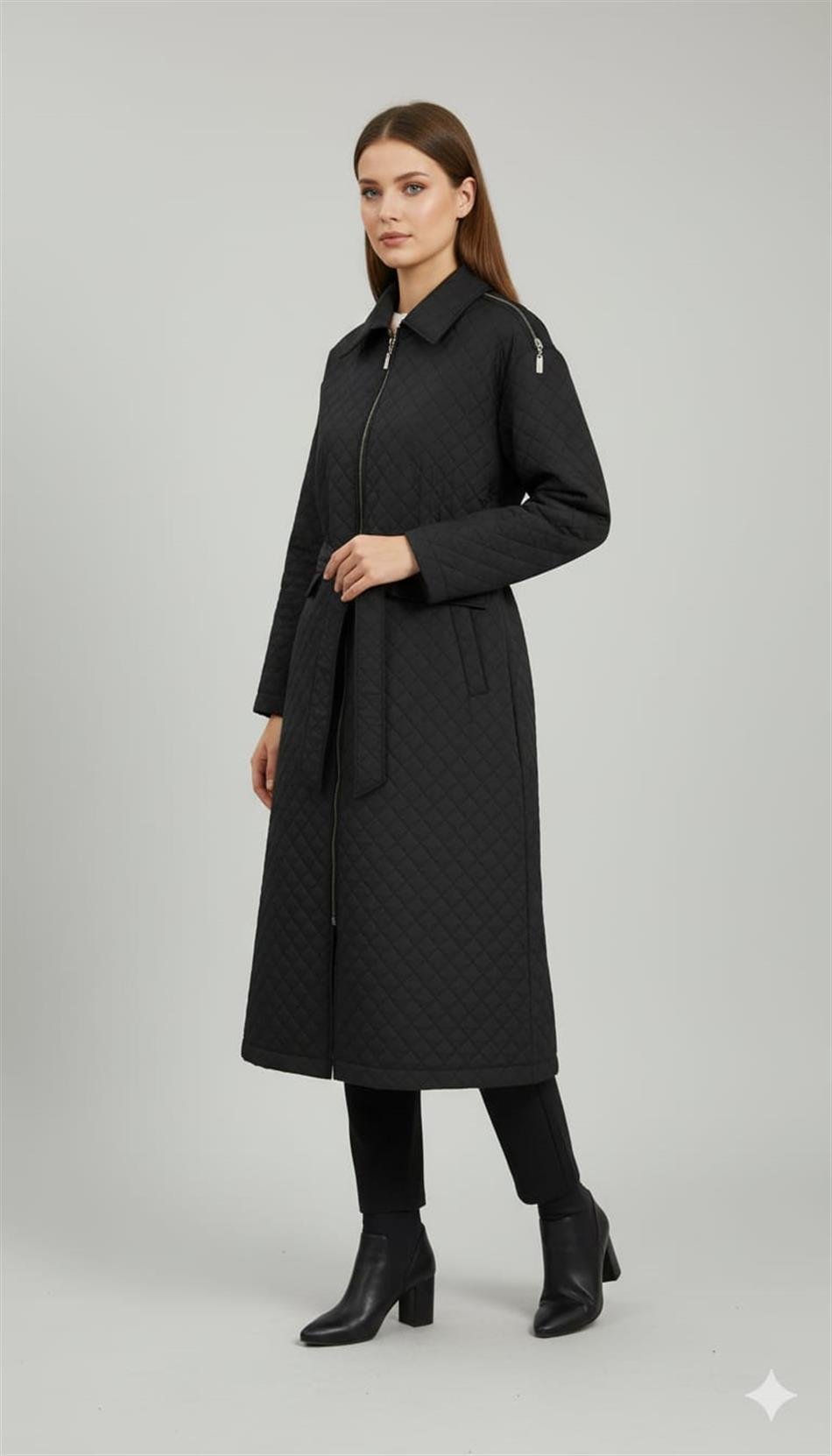 HZR Fermuar Detaylı Jakar Kapitone Spor Trench Kap PLUS-Siyah